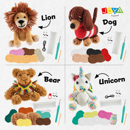 Joya Creative Kit de ganchillo de animales de 4 piezas – Set completo de amigurumi con león, perro, unicornio y oso para principiantes