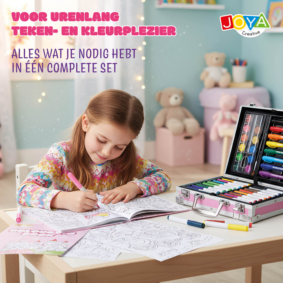 Joya Creative Maletín de colorear de lujo para niñas - Maletín completo de dibujo y pintura de más de 150 piezas con lienzo, rotuladores y libro para colorear