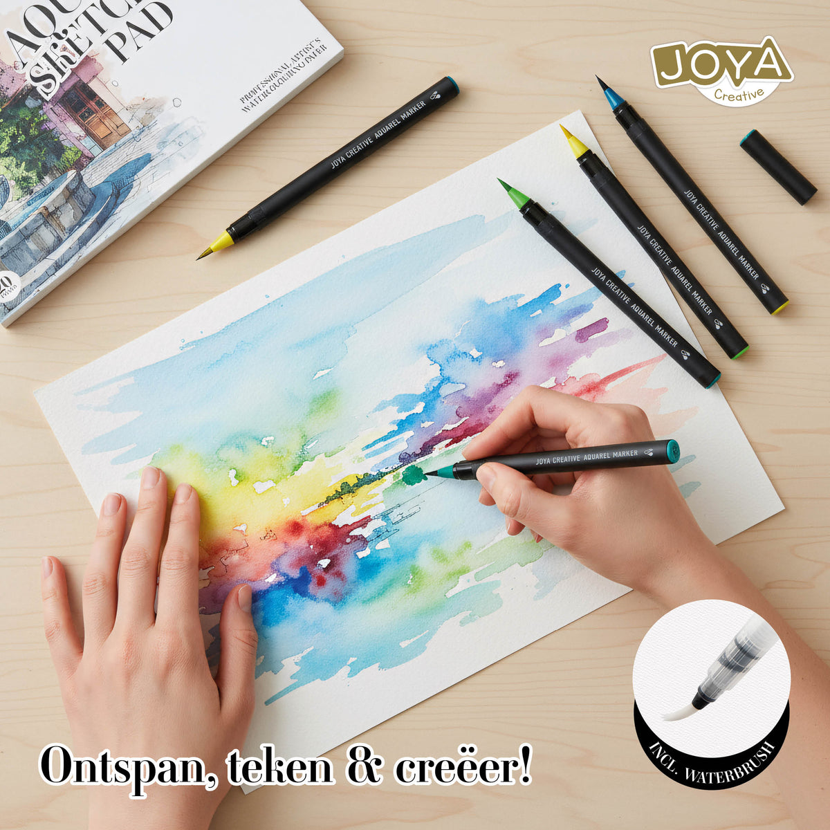 Joya Creative Watercolor Paint Set 2-in-1 – 20 Watercolor Brush Markers with A5 Watercolor Pad, Water Brush and Sketchbook