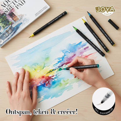 Joya Creative Watercolor Paint Set 2-in-1 – 20 Watercolor Brush Markers with A5 Watercolor Pad, Water Brush and Sketchbook