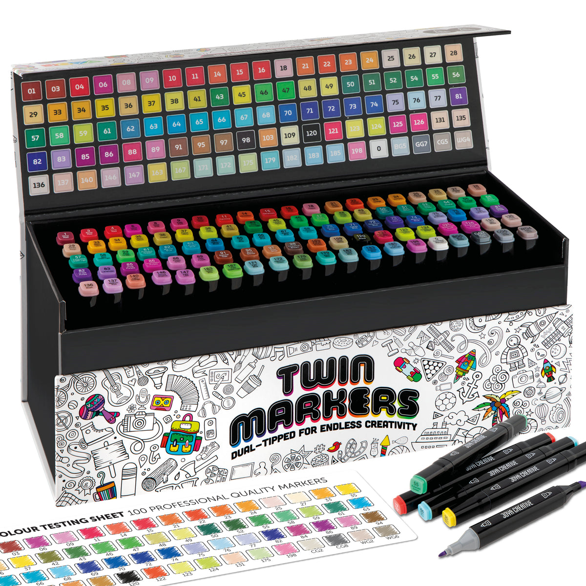 Joya Creative Set de 100 rotuladores Twinmarkers - Rotuladores con alcohol para adultos y niños - Rotuladores de doble punta - Punta fina y ancha - Estuche de lujo