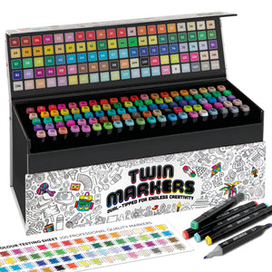 Joya Creative Twinmarkers Set 100 Pieces - Alcohol Markers for Adults and Children - Dual-Tip Pens - Fine and Broad Tip - Luxury Storage Case