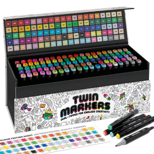 Joya Creative Set de 100 rotuladores Twinmarkers - Rotuladores con alcohol para adultos y niños - Rotuladores de doble punta - Punta fina y ancha - Estuche de lujo