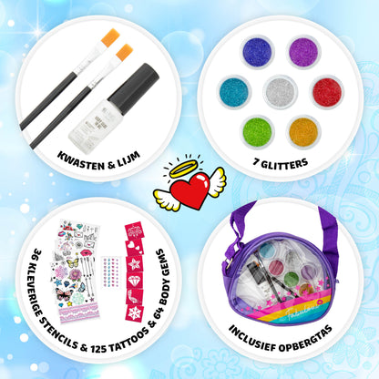 Joya Creative Glitter Tattoo Set XXL – Biologisch Afbreekbare Glitter Tattoos met Sjablonen voor Kinderen