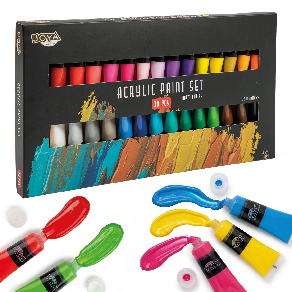 Joya Creative Set de pintura acrílica de 30 colores – 30 x 30 ml de pintura para manualidades sobre lienzo, madera, papel, piedra y proyectos DIY