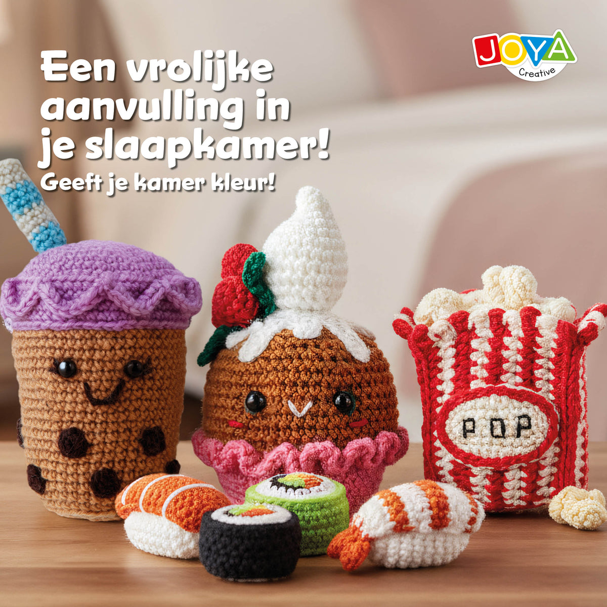 Joya Creative Haakpakket Food 4 Delig – Amigurumi Haakset met Sushi, Bubble Tea, Popcorn en Cupcake voor Beginners