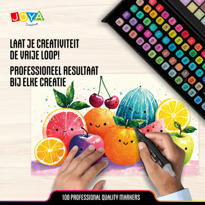 Joya Creative Set de 100 rotuladores Twinmarkers - Rotuladores con alcohol para adultos y niños - Rotuladores de doble punta - Punta fina y ancha - Estuche de lujo