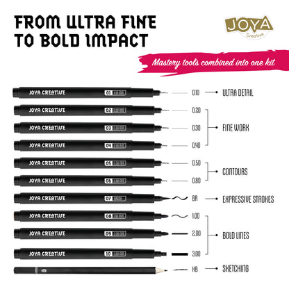 Joya Creative Masterkit de fineliners Black Edition – 10 fineliners negros, cuaderno de bocetos, pincel de agua y plantillas de dibujo