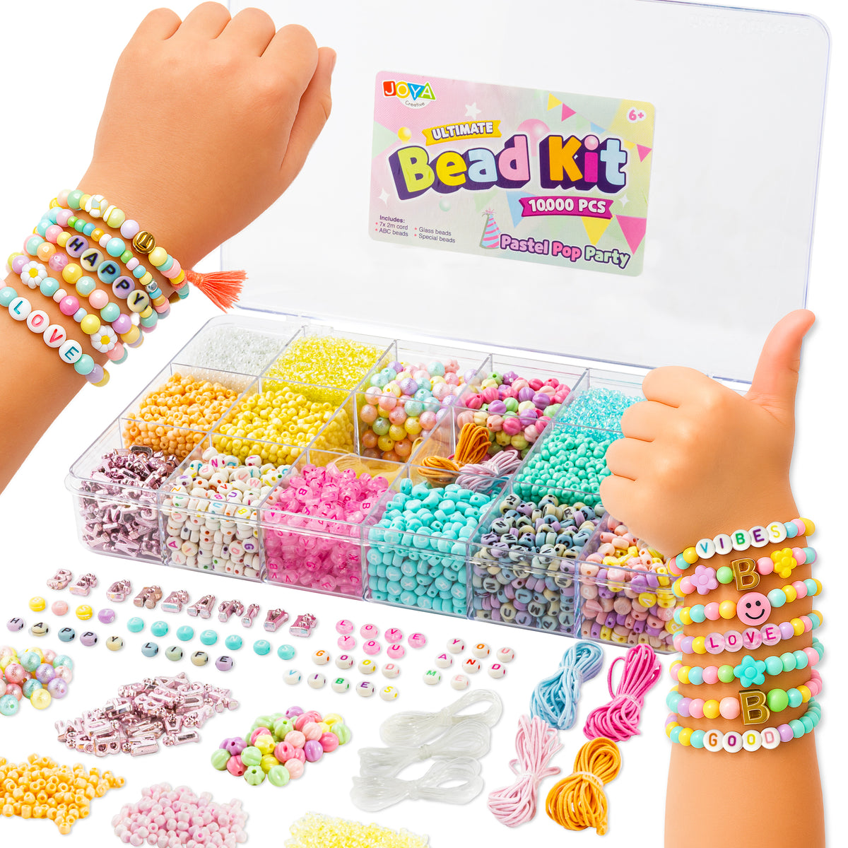 Joya Creative Luxe Bead Set 10,000 Pieces Pastel Pop Party - Bracelet Making with Letter Beads, Glass Beads, and Storage Box