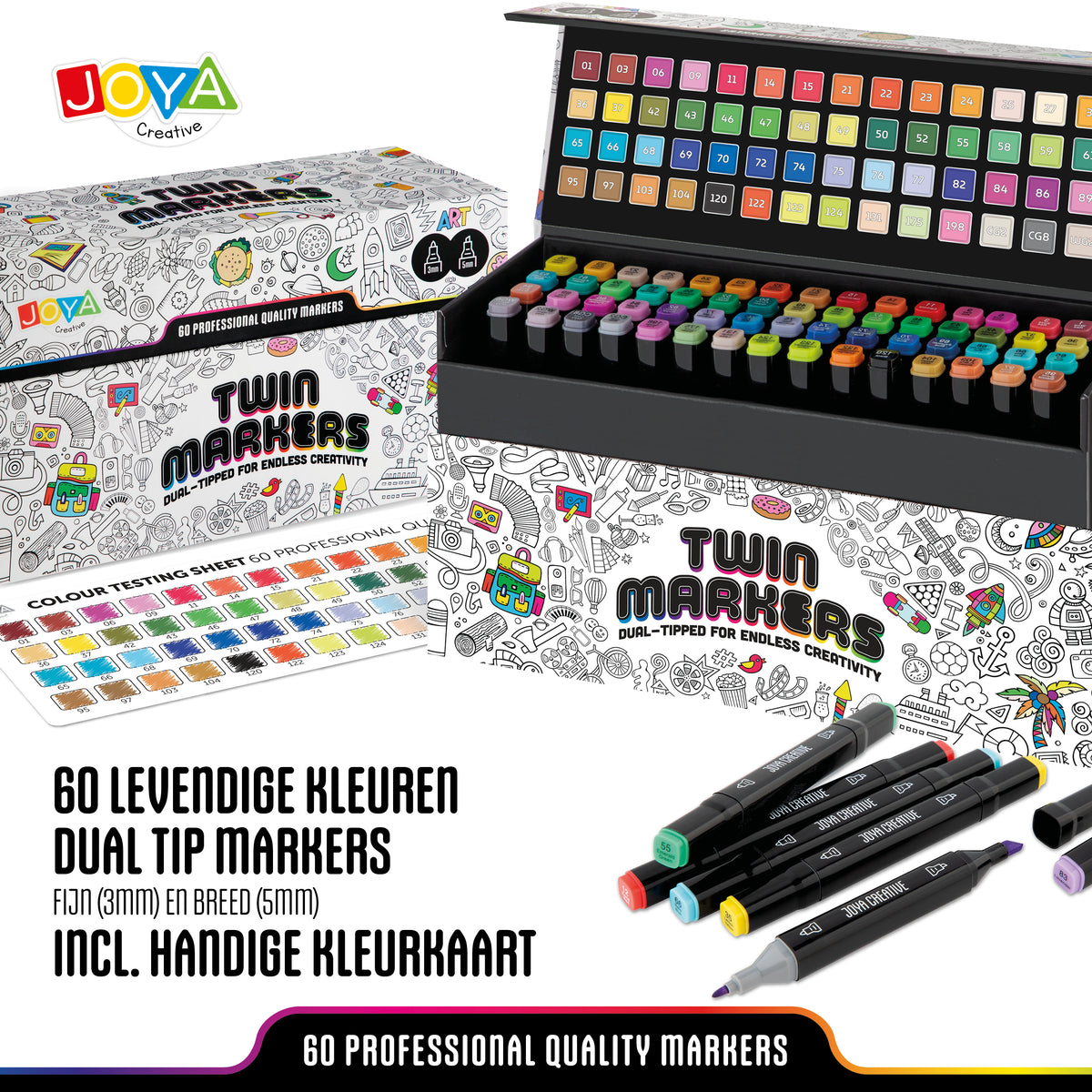 Joya Creative Set de 60 Twinmarkers - Rotuladores con alcohol para adultos y niños - Rotuladores de doble cara con lujoso maletín de almacenamiento