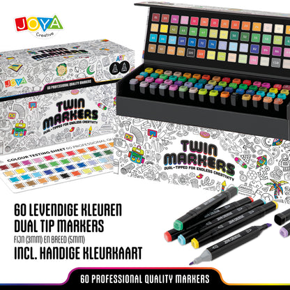 Joya Creative Set de 60 Twinmarkers - Rotuladores con alcohol para adultos y niños - Rotuladores de doble cara con lujoso maletín de almacenamiento