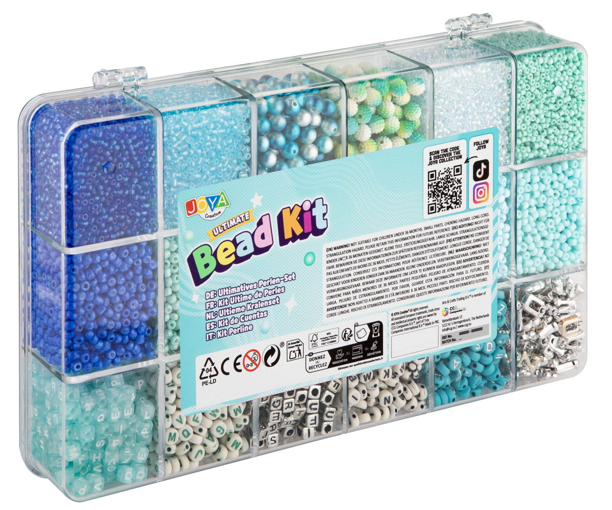 Luxury Bracelets Making Girls Bead Set 10,000pcs - Blue Breeze Magic - ABC Beads, Glass Beads and Elastic - Storage Box 27x16x4cm - Joya Creative