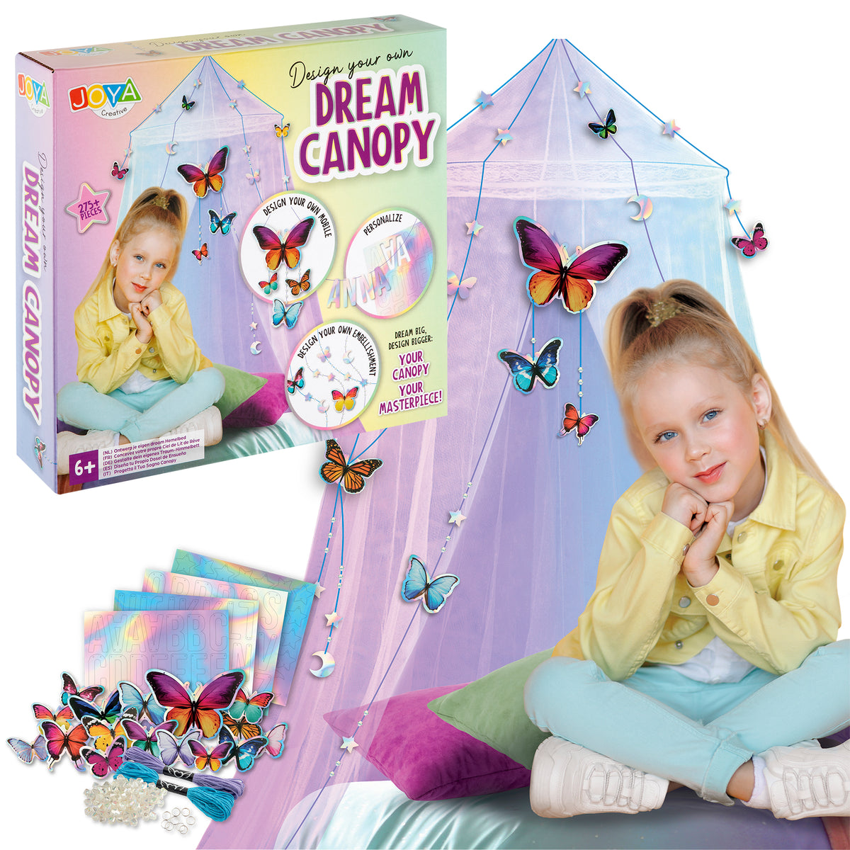 Joya Creative Klamboe Versieren Set – Personaliseer Je Eigen Roze Hemelbed met Vlinders, Diamantjes en Letters