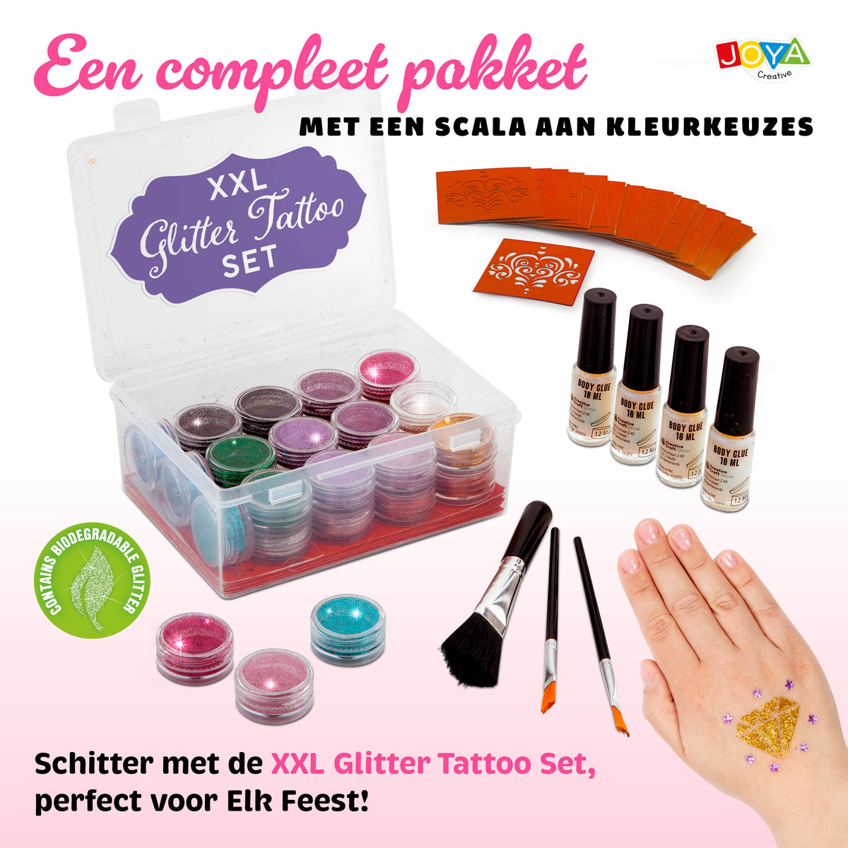 Joya Creative Set XXL de tatuajes con purpurina – Purpurina biodegradable para tatuajes de festivales, carnaval y fiestas infantiles