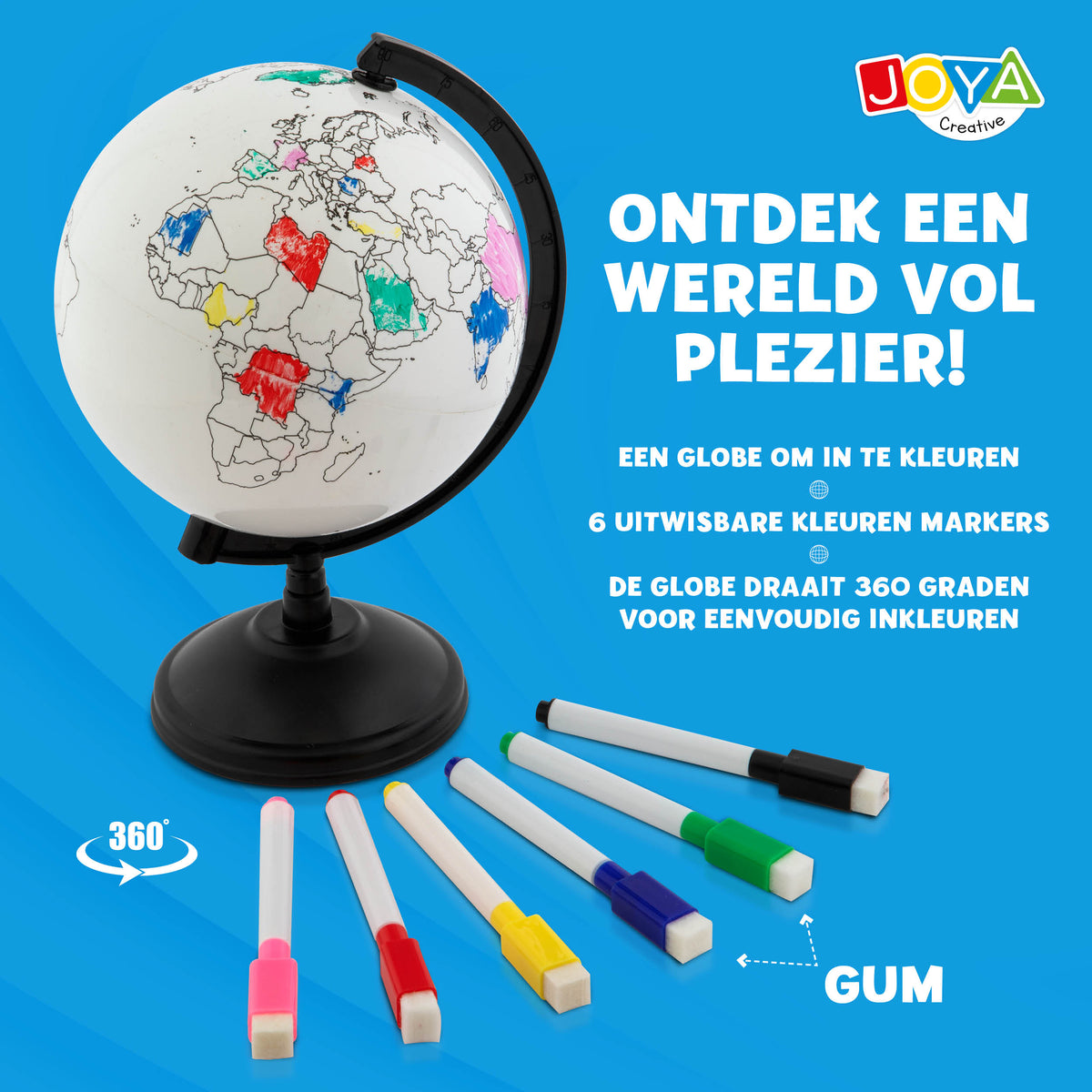 Joya Creative Wereldbol Inkleuren – Educatieve Wereldbol met Uitwisbare Markers voor Kinderen