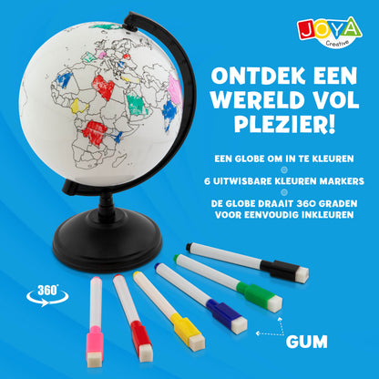 Joya Creative Wereldbol Inkleuren – Educatieve Wereldbol met Uitwisbare Markers voor Kinderen