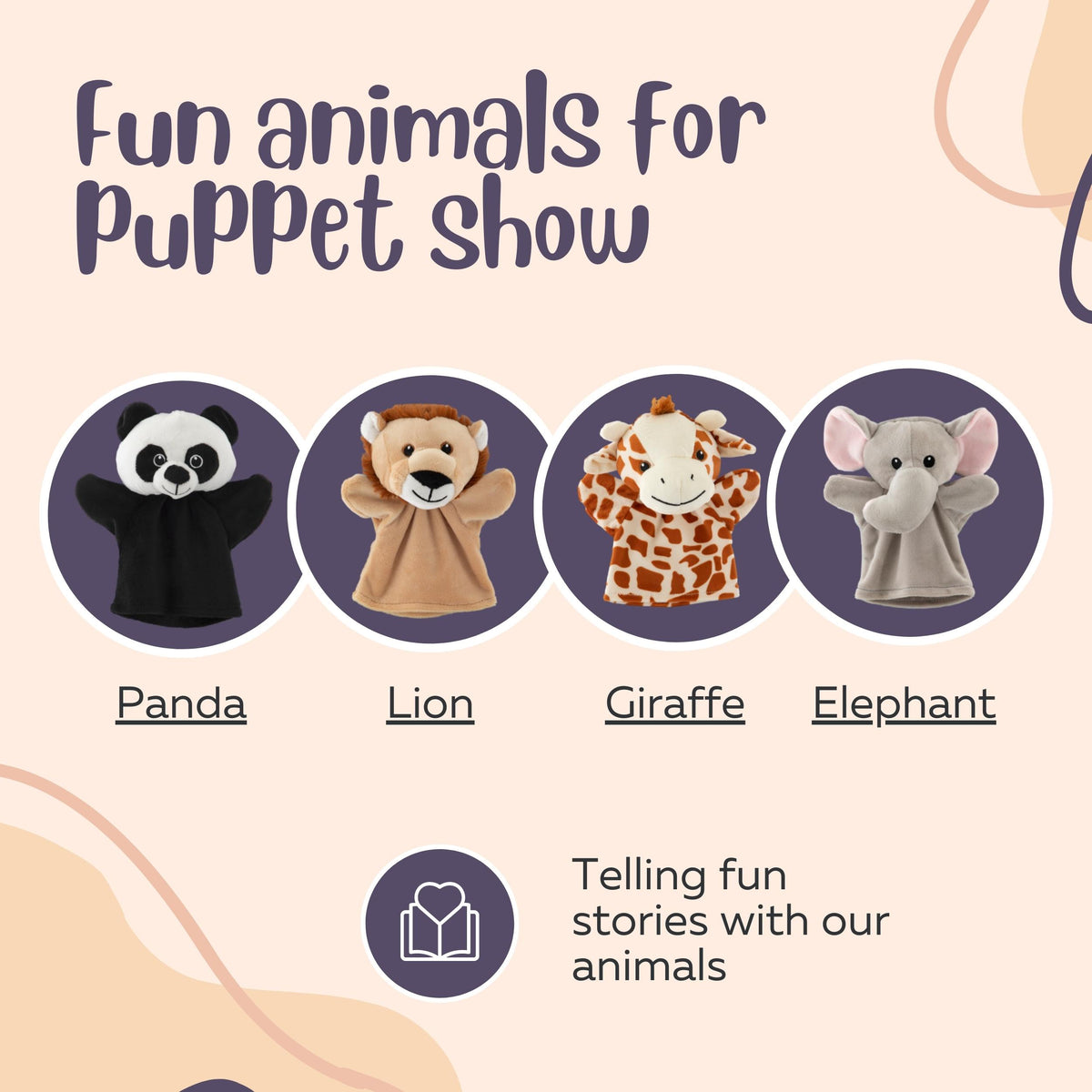 Puppet Dolls 4pcs - Hand Puppets Animals - Hand Puppet Lion, Panda, Giraffe & Elephant - Suitable for Puppet Theaters & Puppets - Joya Creative