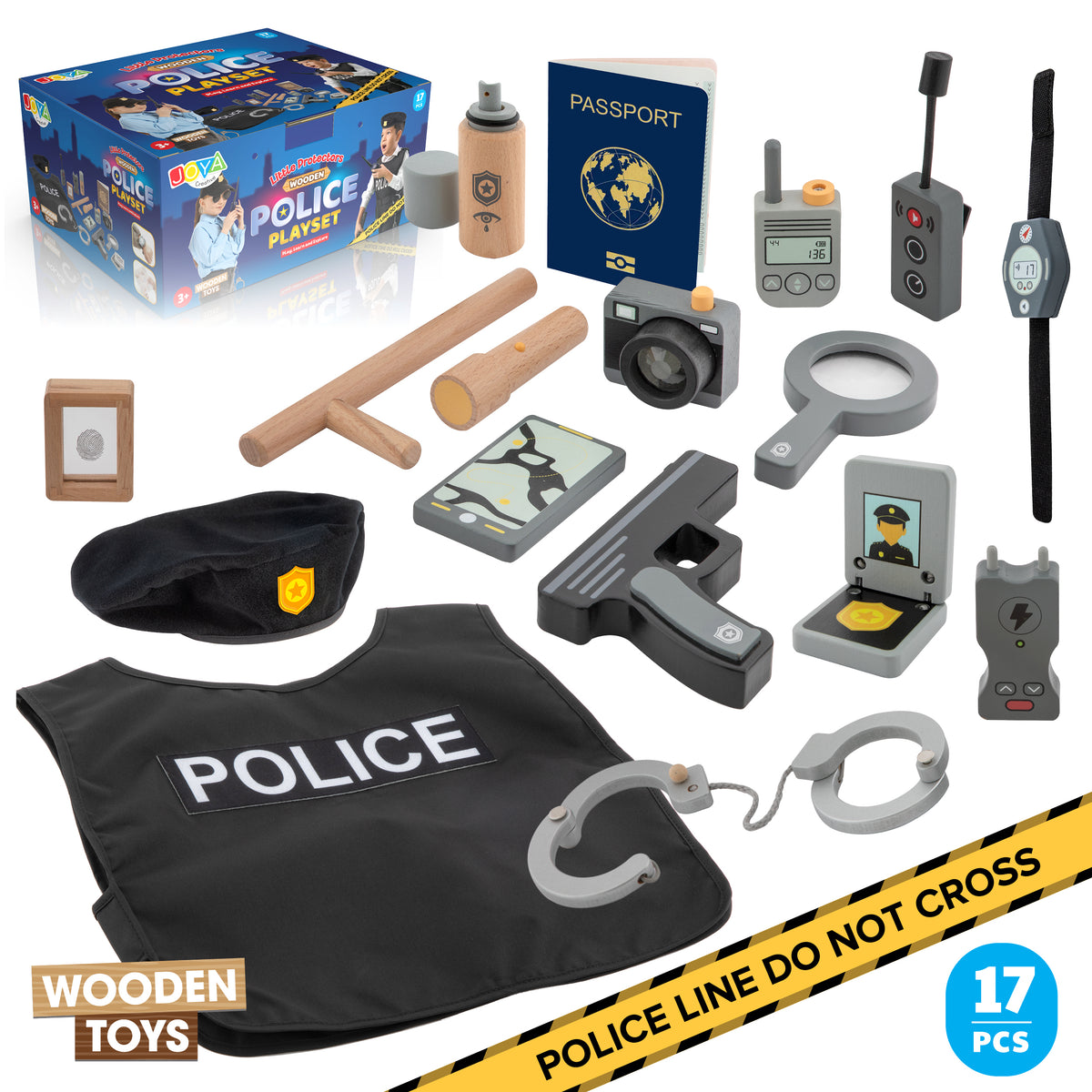 Joya Creative Set de policía de madera de 17 piezas – Maletín de policía FSC con accesorios para juegos de rol