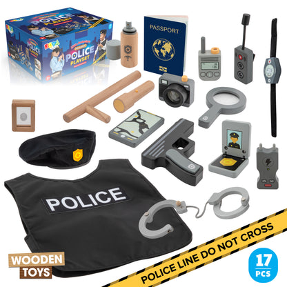 Joya Creative Set de policía de madera de 17 piezas – Maletín de policía FSC con accesorios para juegos de rol