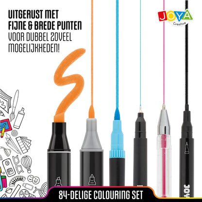 Joya Creative Set de rotuladores creativos de 84 piezas - Twinmarkers, rotuladores de pincel, fineliners y bolígrafos de gel en una lujosa cartera de almacenamiento