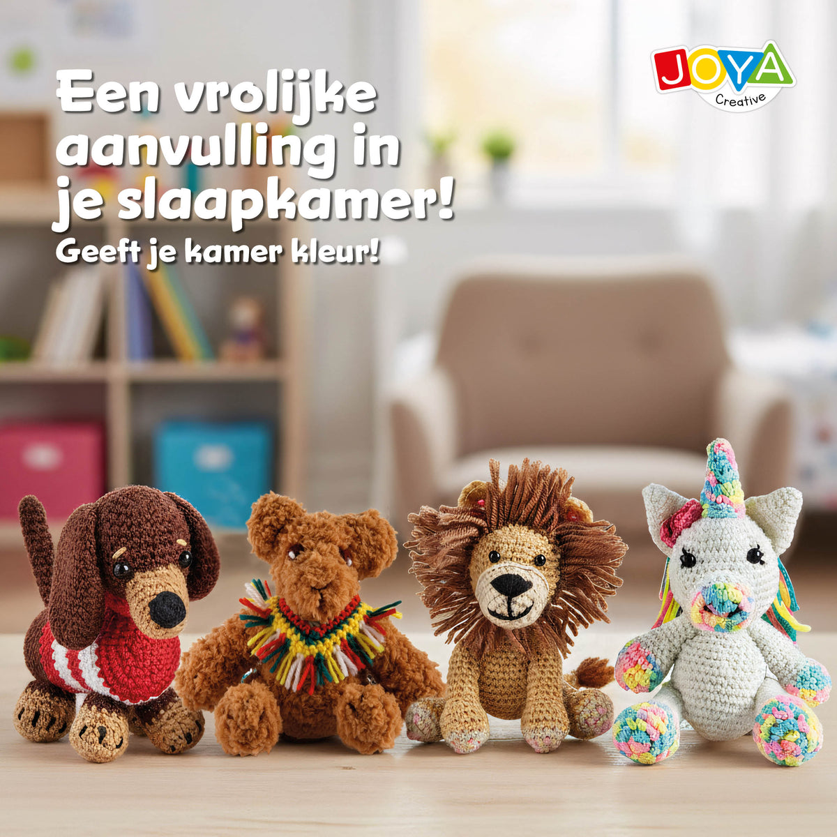 Joya Creative Kit de ganchillo de animales de 4 piezas – Set completo de amigurumi con león, perro, unicornio y oso para principiantes