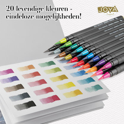Joya Creative Watercolor Paint Set 2-in-1 – 20 Watercolor Brush Markers with A5 Watercolor Pad, Water Brush and Sketchbook