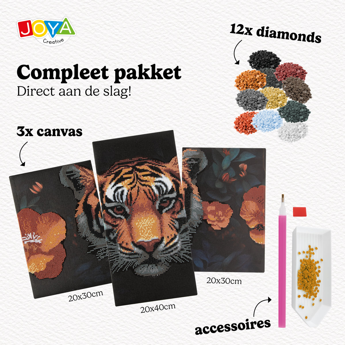 Joya Creative Diamond Painting Tijger Drieluik – DIY Diamond Painting Volwassenen met 3 Panelen en Ronde Steentjes