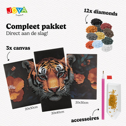 Joya Creative Diamond Painting Tijger Drieluik – DIY Diamond Painting Volwassenen met 3 Panelen en Ronde Steentjes