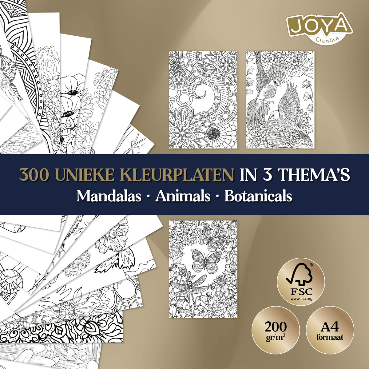 Joya Creative Libro de colorear de lujo para adultos A4 Edición 2026 - 300 láminas para colorear botánicas, de animales y mandalas