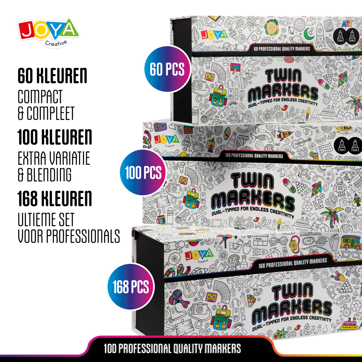 Joya Creative Set de 100 rotuladores Twinmarkers - Rotuladores con alcohol para adultos y niños - Rotuladores de doble punta - Punta fina y ancha - Estuche de lujo