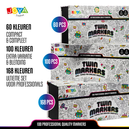Joya Creative Set de 100 rotuladores Twinmarkers - Rotuladores con alcohol para adultos y niños - Rotuladores de doble punta - Punta fina y ancha - Estuche de lujo