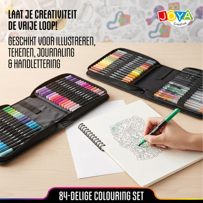 Joya Creative Set de rotuladores creativos de 84 piezas - Twinmarkers, rotuladores de pincel, fineliners y bolígrafos de gel en una lujosa cartera de almacenamiento
