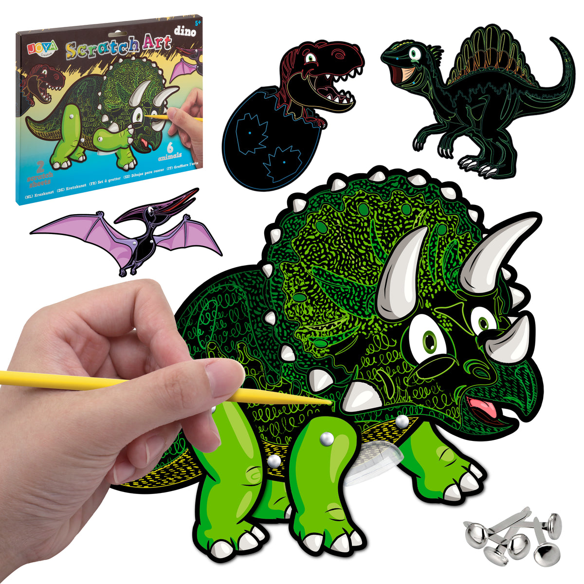 Joya Creative Set Dino Scratch Art - Libro para rascar para niños con dinosaurios, dibujos para rascar y mágicos efectos de arcoíris