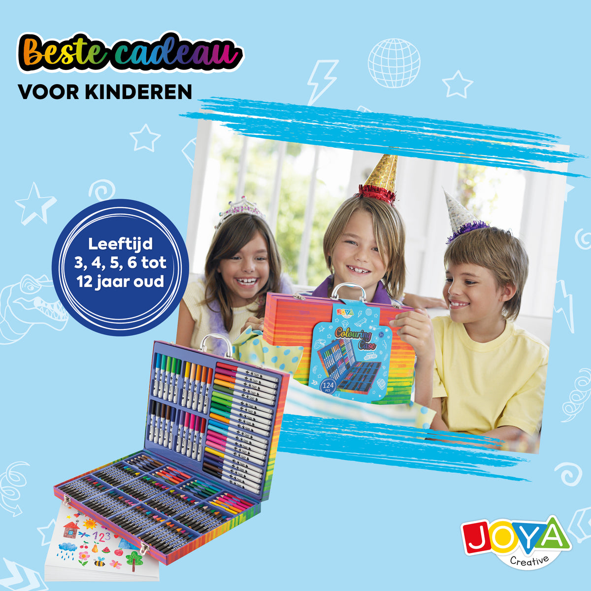 Joya Creative Tekendoos 124 Delig – Complete Tekenset voor Kinderen met Stiften, Kleurpotloden, Waskrijtjes & FSC Opbergkoffer