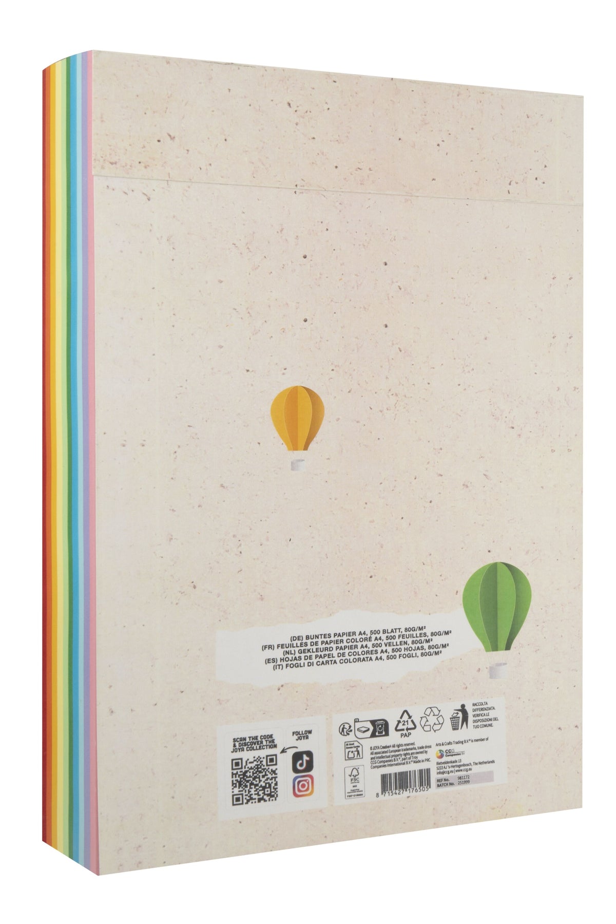 Joya Creative Gekleurd Papier A4 500 Vel – 10 Kleuren Knutselpapier 80g voor Vouwen, Knutselen, School en Hobby