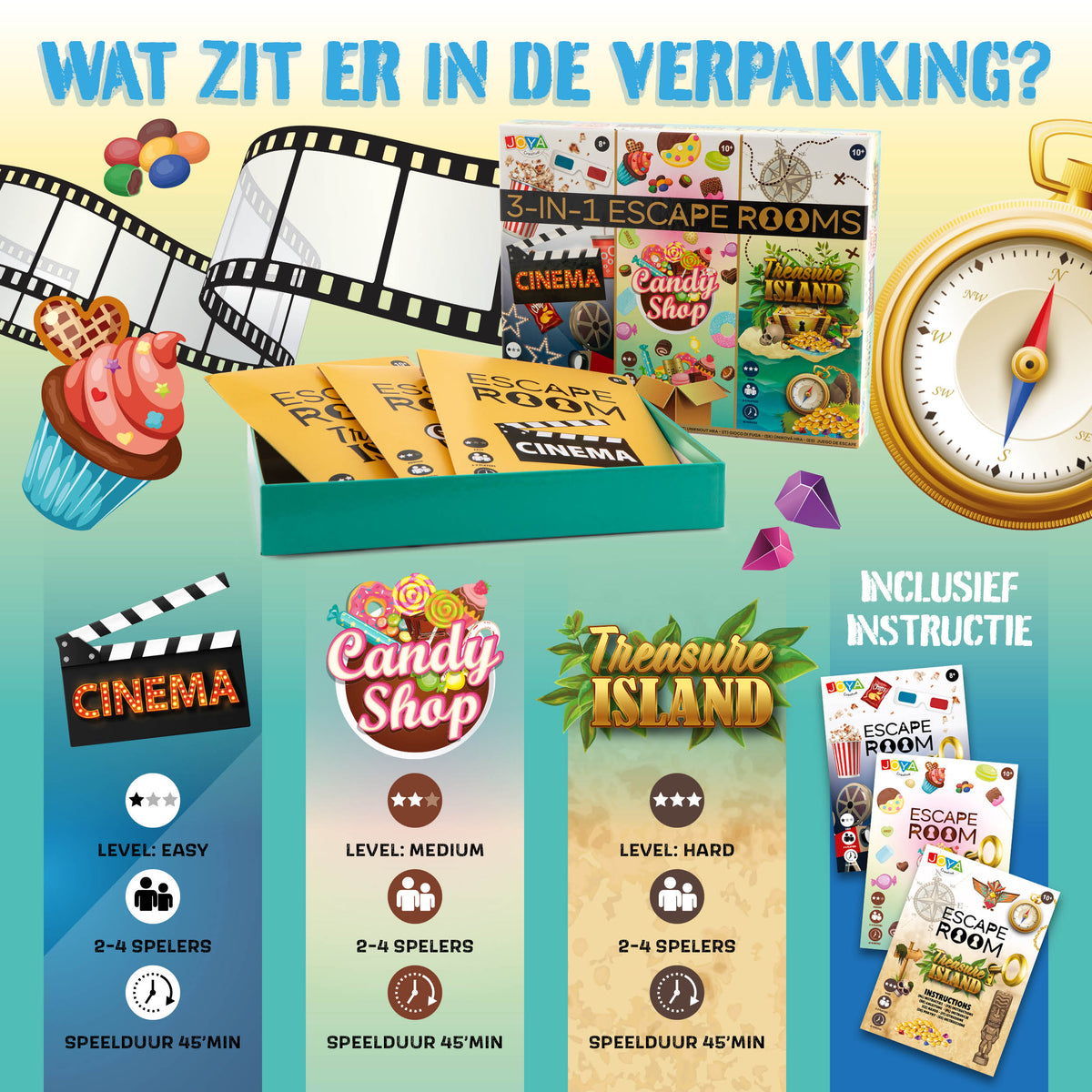 Joya Creative 3-in-1 Escape Room Spel – Gezelschapsspel met Breinbrekers en Puzzels voor het Hele Gezin