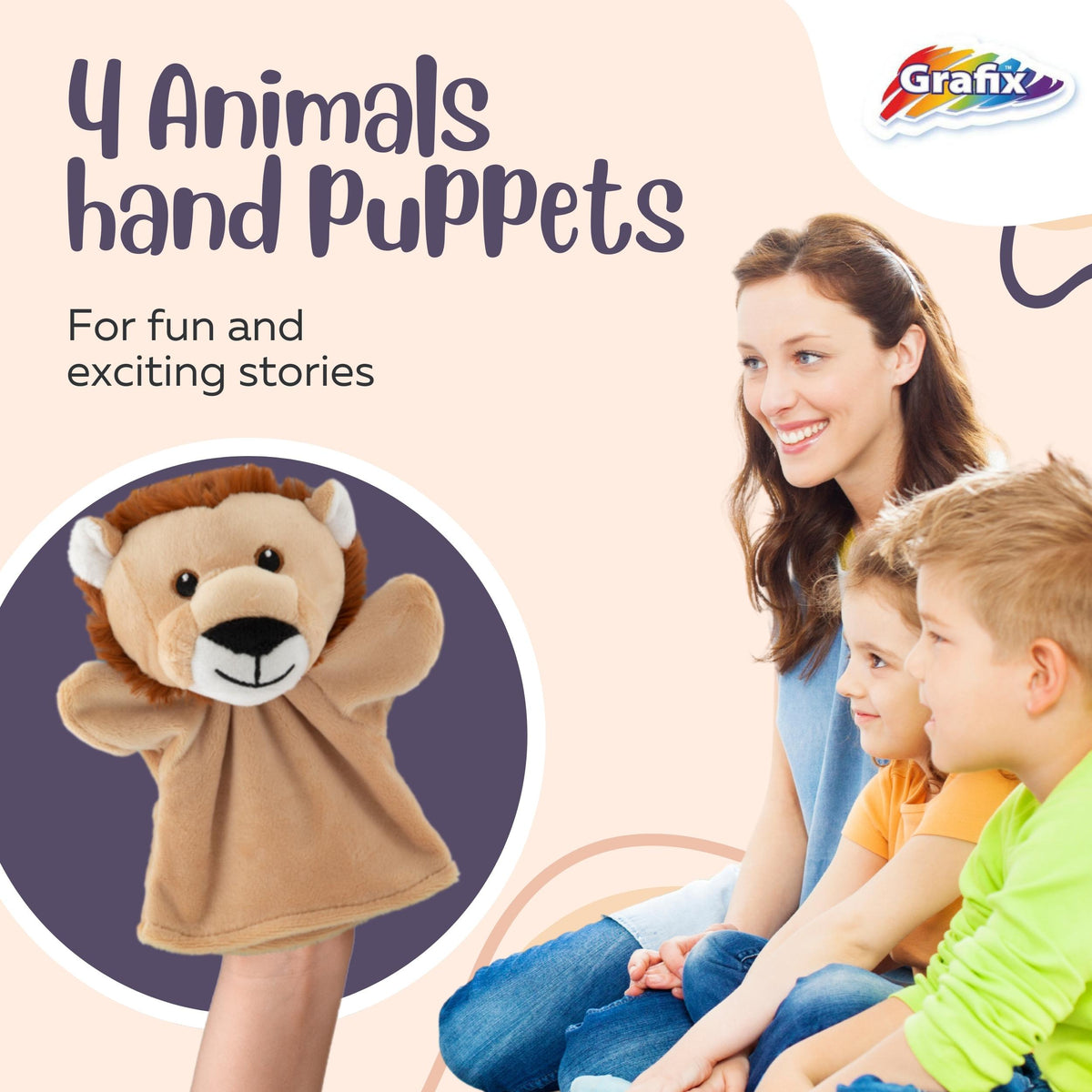 Puppet Dolls 4pcs - Hand Puppets Animals - Hand Puppet Lion, Panda, Giraffe & Elephant - Suitable for Puppet Theaters & Puppets - Joya Creative