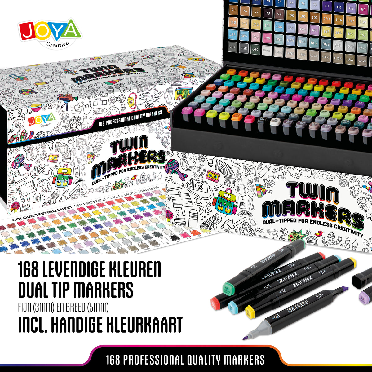Joya Creative Set de 168 rotuladores Twinmarkers - Rotuladores con alcohol de doble punta - Rotuladores para adultos y niños - Lujoso maletín de almacenamiento