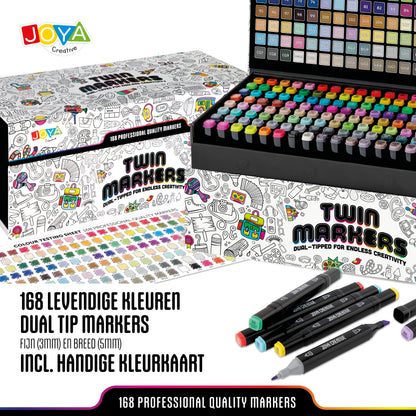 Joya Creative Set de 168 rotuladores Twinmarkers - Rotuladores con alcohol de doble punta - Rotuladores para adultos y niños - Lujoso maletín de almacenamiento