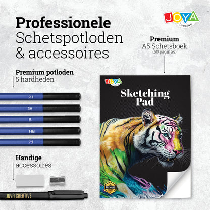 Joya Creative Set profesional de dibujo de 74 piezas – Lápices de colores, lápices de grafito y fineliners para dibujar y hacer bocetos