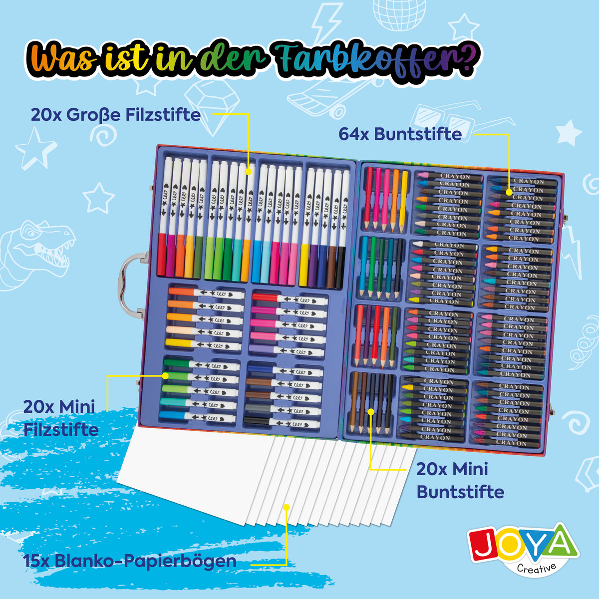 Joya Creative Zeichenbox 124-teilig – Komplettes Zeichenset für Kinder mit Filzstiften, Buntstiften, Wachsmalstiften & FSC Aufbewahrungskoffer