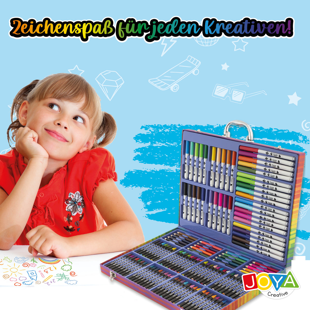 Joya Creative Zeichenbox 124-teilig – Komplettes Zeichenset für Kinder mit Filzstiften, Buntstiften, Wachsmalstiften & FSC Aufbewahrungskoffer
