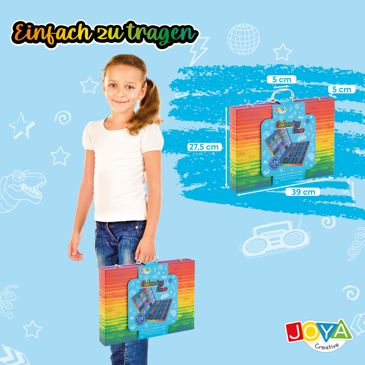 Joya Creative Zeichenbox 124-teilig – Komplettes Zeichenset für Kinder mit Filzstiften, Buntstiften, Wachsmalstiften & FSC Aufbewahrungskoffer