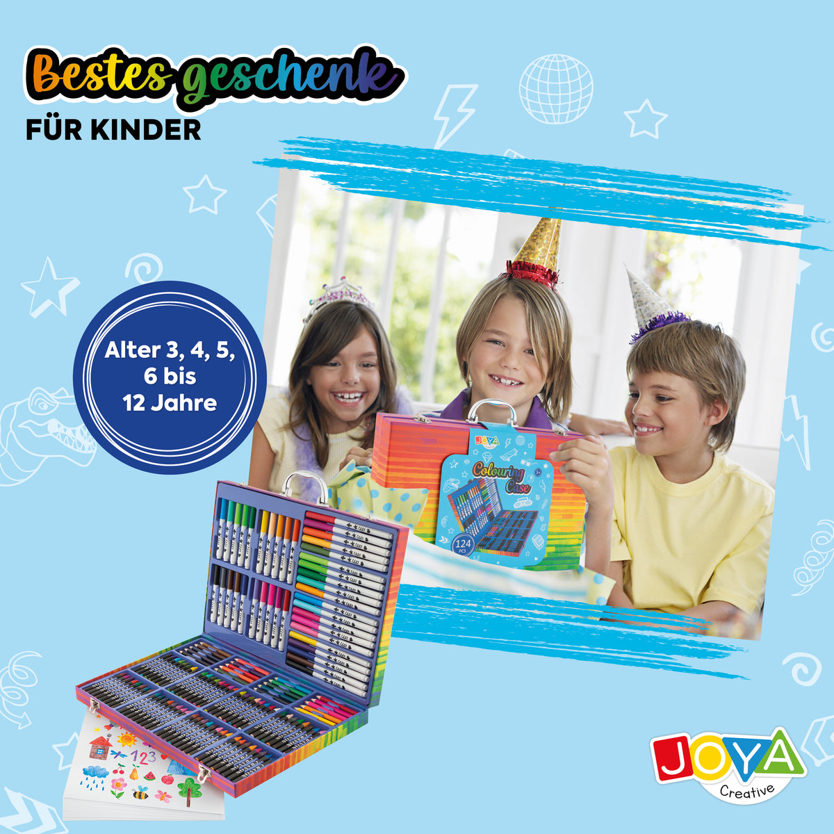 Joya Creative Zeichenbox 124-teilig – Komplettes Zeichenset für Kinder mit Filzstiften, Buntstiften, Wachsmalstiften & FSC Aufbewahrungskoffer