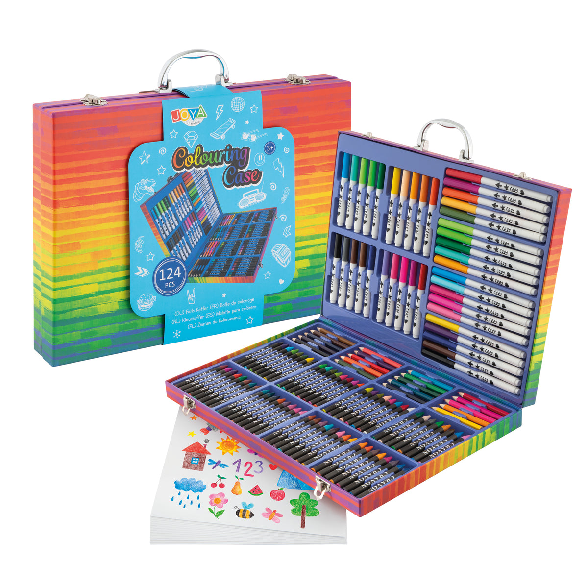 Joya Creative 124-Piece Drawing Box – Complete Drawing Set for Kids with Markers, Colored Pencils, Crayons & FSC Storage Case