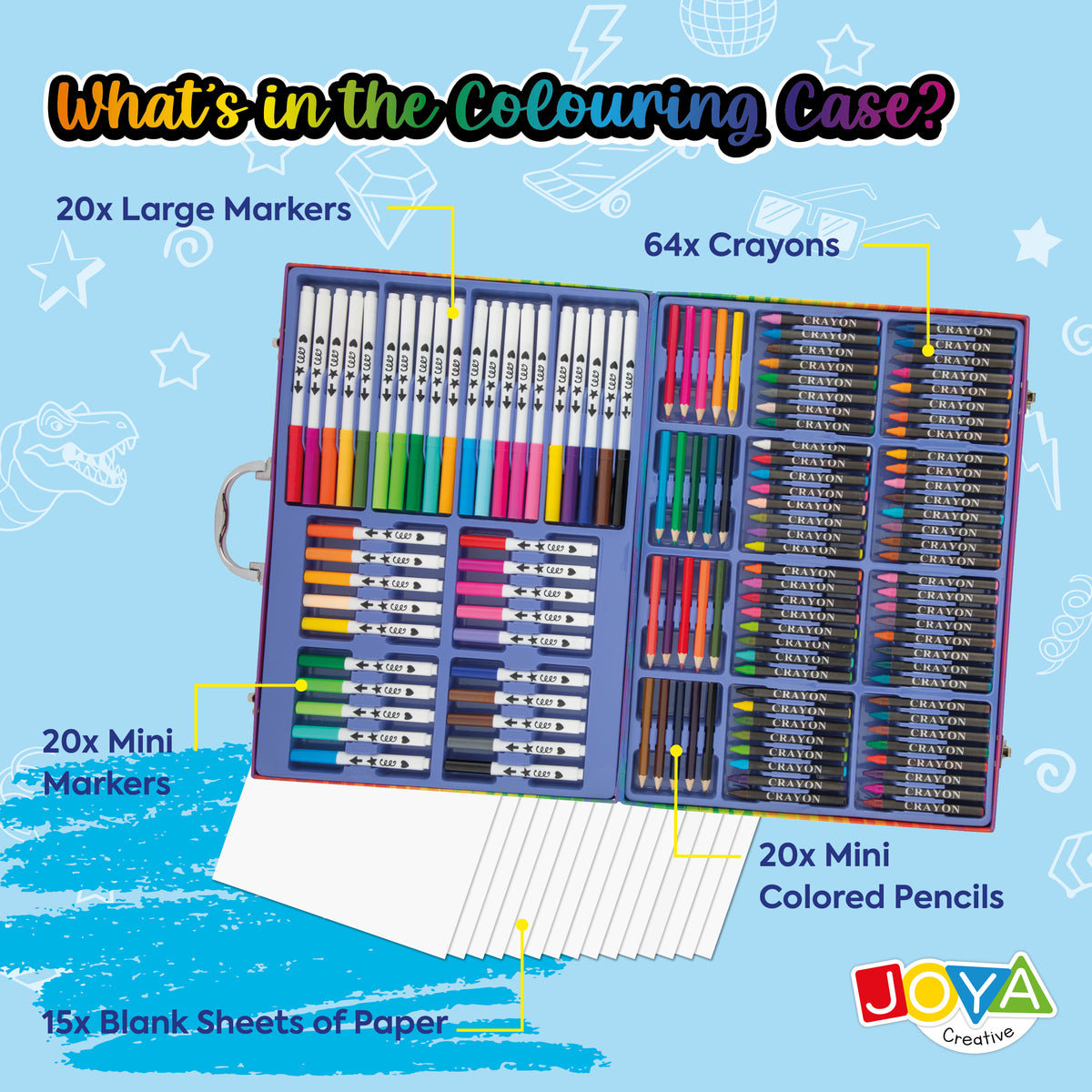 Joya Creative 124-Piece Drawing Box – Complete Drawing Set for Kids with Markers, Colored Pencils, Crayons & FSC Storage Case