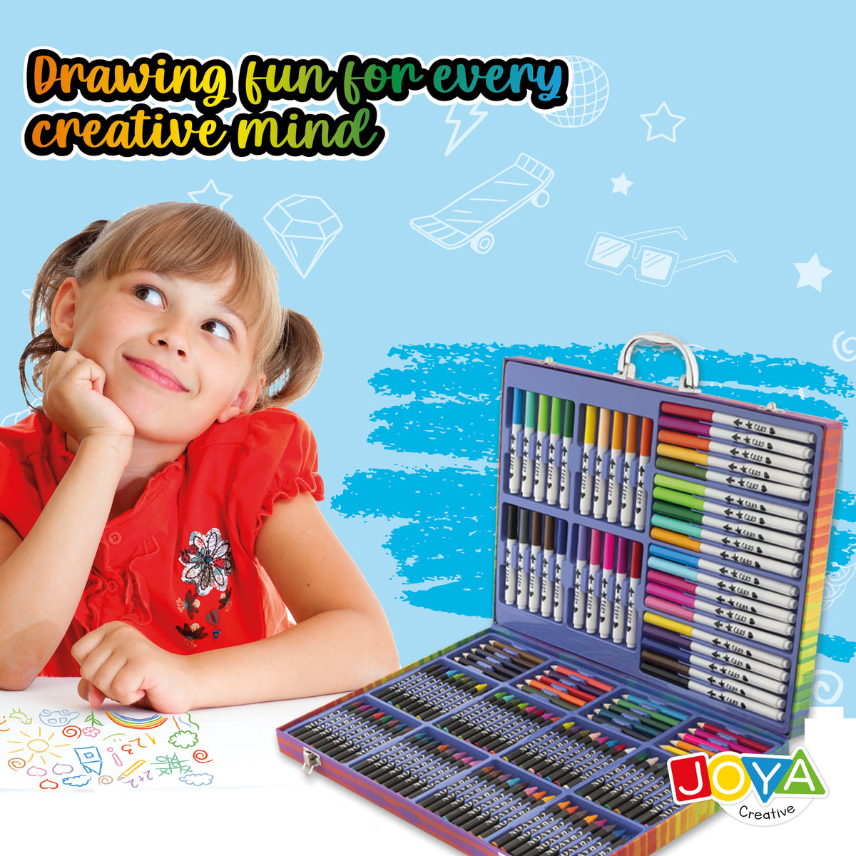 Joya Creative 124-Piece Drawing Box – Complete Drawing Set for Kids with Markers, Colored Pencils, Crayons & FSC Storage Case