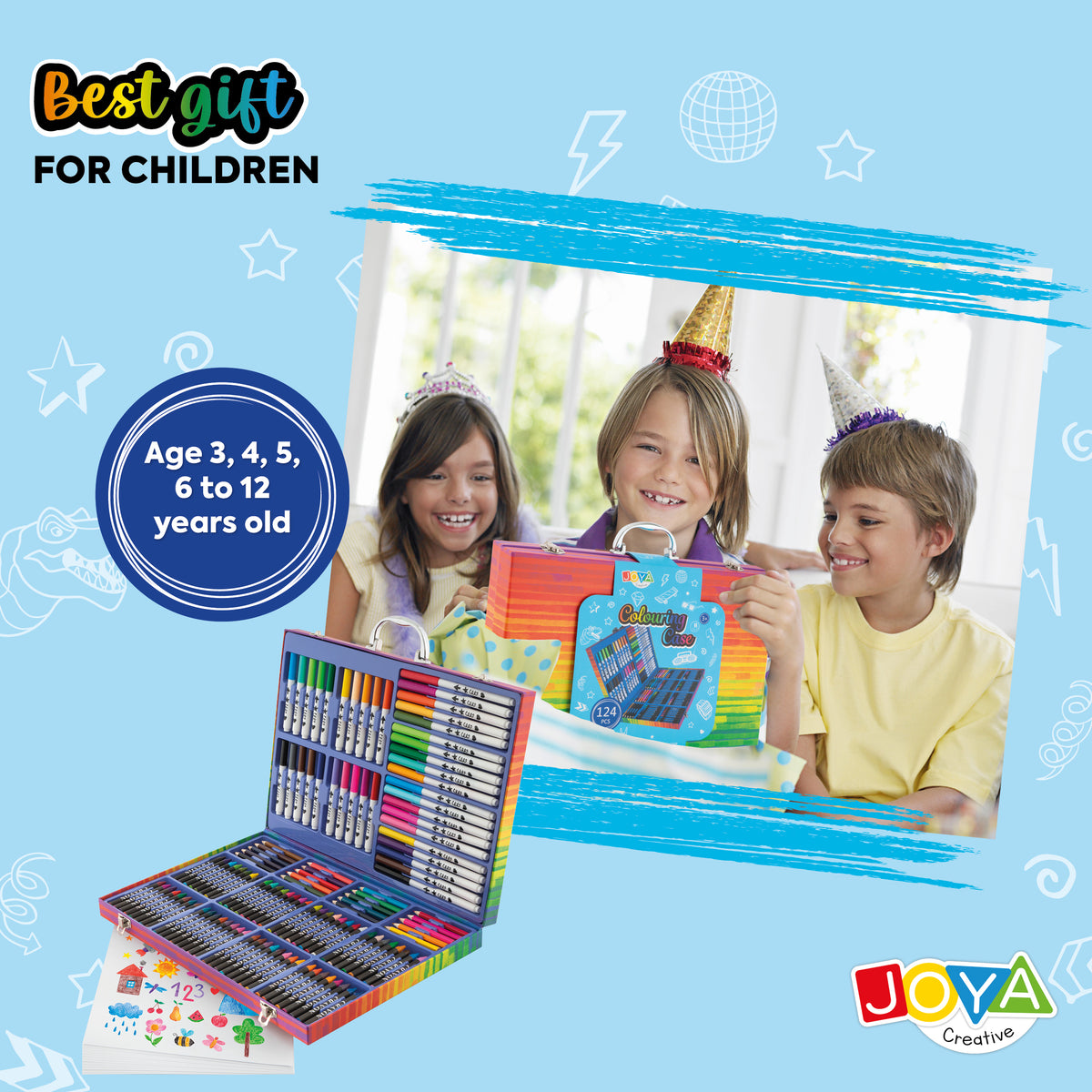 Joya Creative 124-Piece Drawing Box – Complete Drawing Set for Kids with Markers, Colored Pencils, Crayons & FSC Storage Case