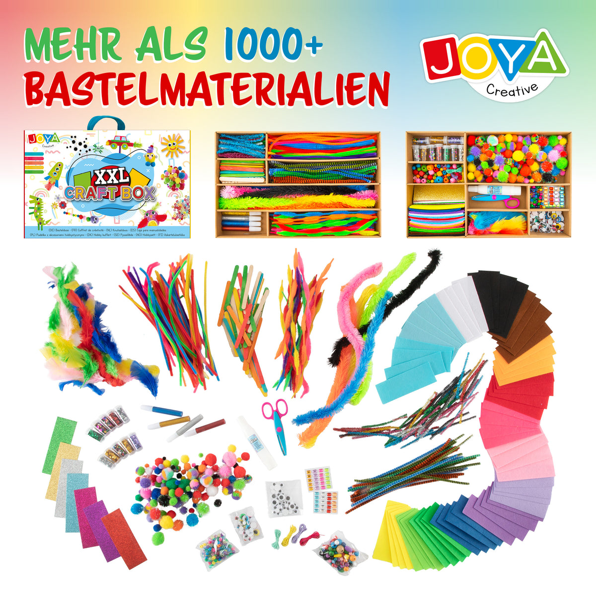 Joya Creative Bastelkoffer 1000 Teile – Komplettes Bastelset für Kinder mit Bastelmaterialien im Aufbewahrungskoffer