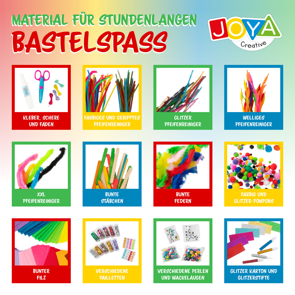 Joya Creative Bastelkoffer 1000 Teile – Komplettes Bastelset für Kinder mit Bastelmaterialien im Aufbewahrungskoffer